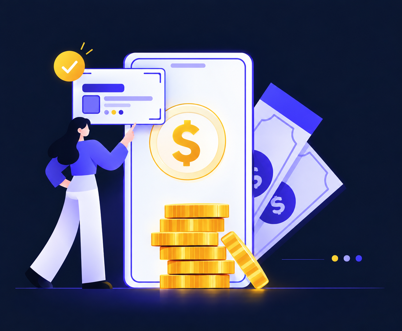 Illustration of a person holding a card beside a phone with a dollar sign, a stack of coins and banknotes